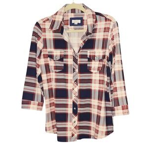 Market & Spruce Plaid Shirt Women Medium 3/4 Sleeve Button Down Red Navy White